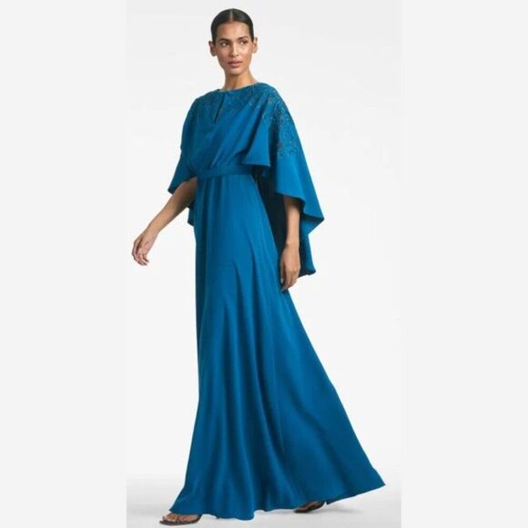 $1295 Sachin & Babi Womens Size 6 Wren Blue Moroccan Cape Gown Long Maxi Dress - Picture 3 of 4